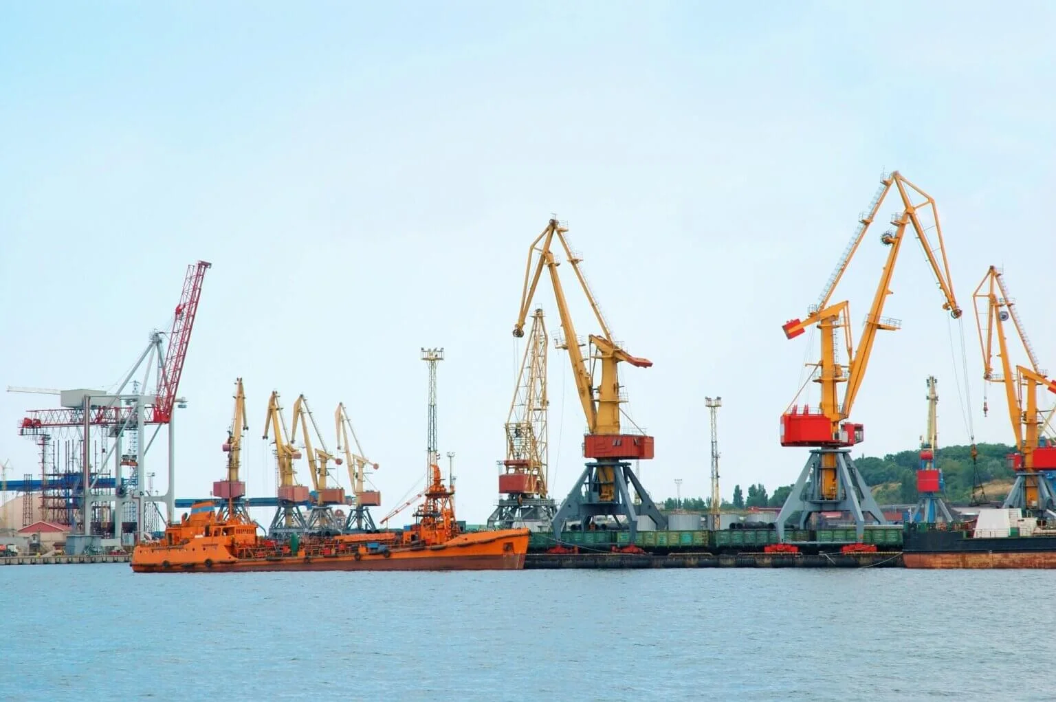 Wharves and cranes at the Port of Paranagua, on the coast of Parana state, seen from the water