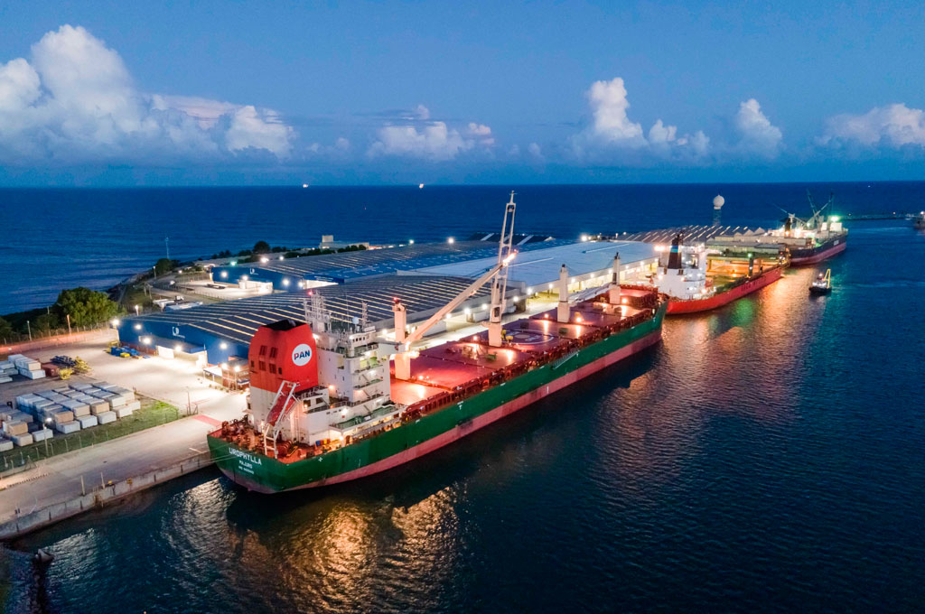 Aerial view of the Portocel port terminal, in Aracruz, with vessels docked at the wharf